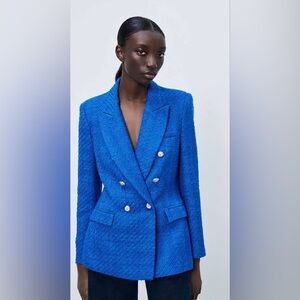 Zara Double-Breasted Textured Blazer in Bright Blue